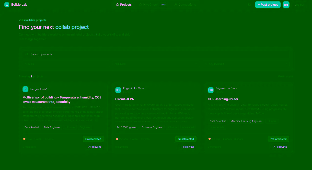 BuilderLab interface showing a collaborative project workflow